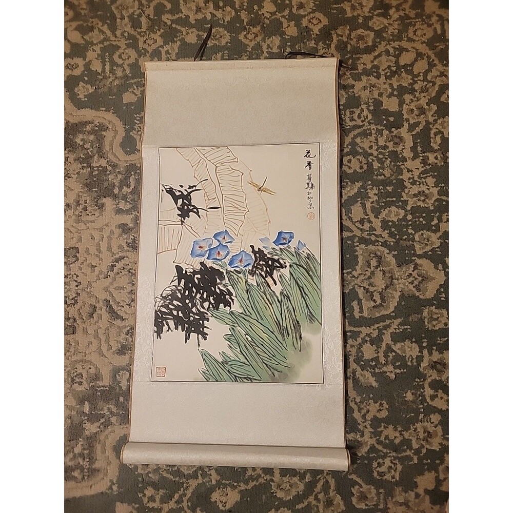 Vintage Japanese? Chinese? Wood Block Scroll Painting Blue Black Flowers Silk Lg